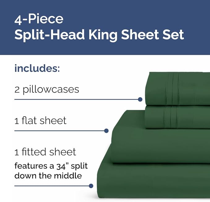 Flex Top Split Head King 4 Piece Sheet Set - Comfy Breathable & Cooling Bed Sheets Set - Hotel Luxury Bedding for Women, Men, Kids, Teens, Boys & Girls - Deep Pockets, Soft - Oeko-Tex - Emerald Green