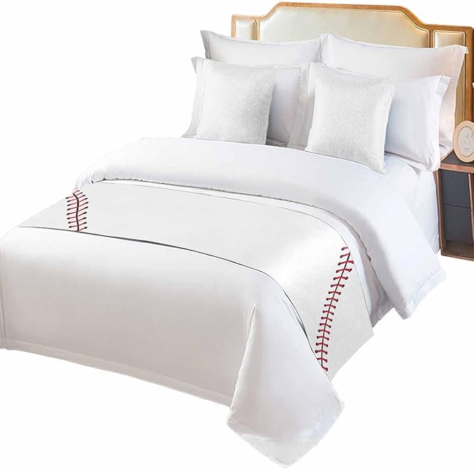 Baseball Sports Texture Bed Runners for Bedroom Hotel,Decorative Bedding Scarf White Red Lines Bed End Blanket Bedding Runner Scarves for Full Size Bed,83x20in