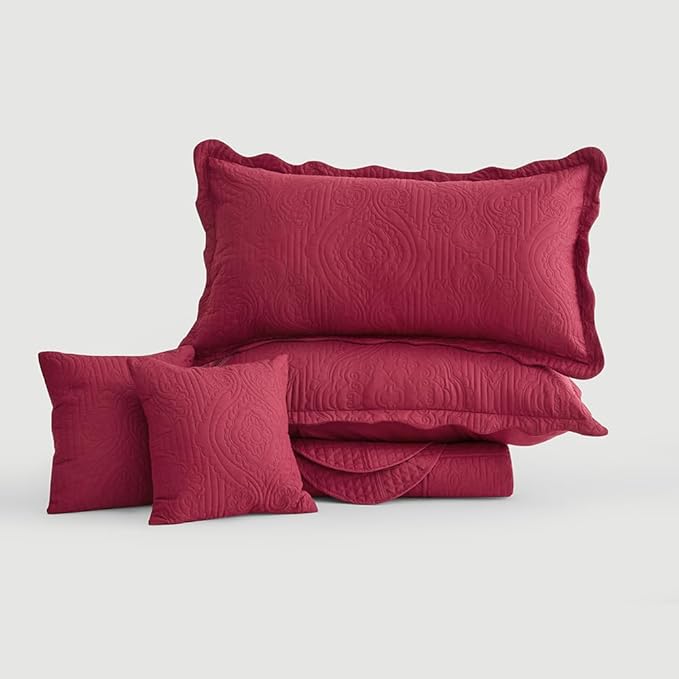 HZ & HY Oversized King Bedspread, Ultrasonic Coverlet Bedding Set, Lightweight Thin Comforter, Reversible, 5 Piece, 100% Microfiber, Wine Red