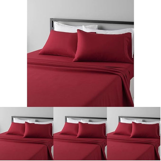 Amazon Basics Lightweight Super Soft Easy Care Breathable Brushed Microfiber 4-Piece Bed Sheet Set with 14-Inch Deep Pockets,Wrinkle Resistant,Queen,Burgundy,Solid,(Pack of 4)