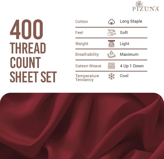Pizuna Pure 100% Cotton Sheets King Size, Luxurious 400 Thread Count Long Staple Cotton Sateen Sheets with 15" Deep Pocket (Combed Rio Red Sheet King)