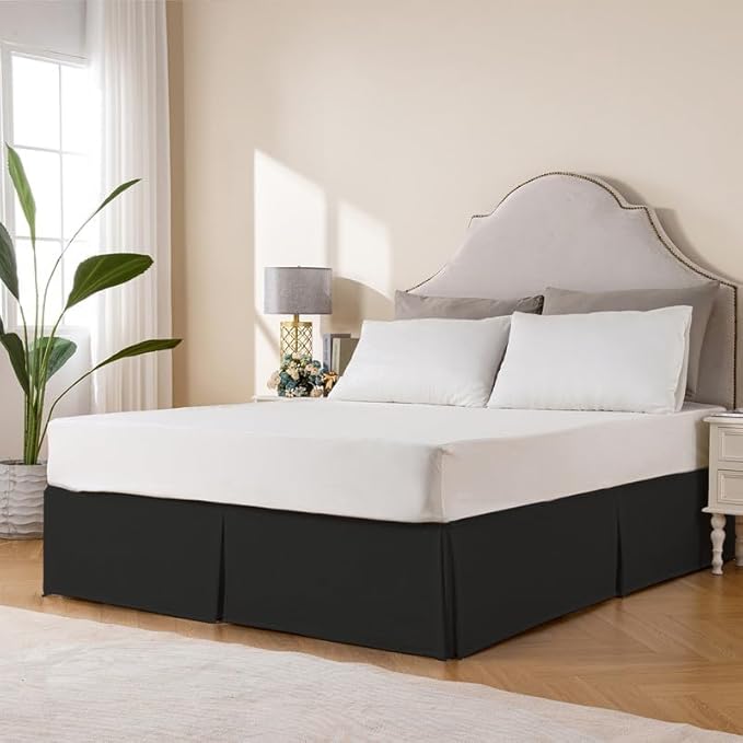 MIYE Pleated Waffle Weave Bed Skirt, Tailored Dust Ruffle 12 Inch Drop Easy Fit, Machine Washable (Black, King - 12" Drop)