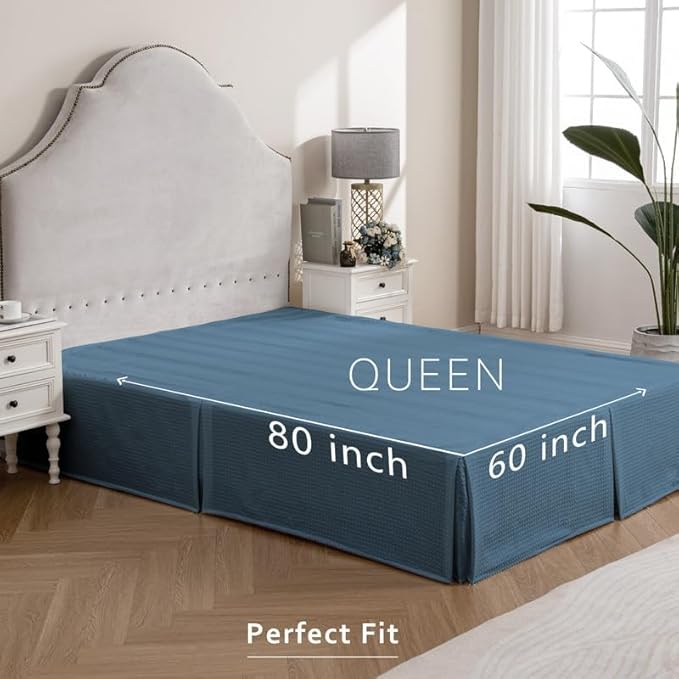 MIYE Pleated Waffle Weave Bed Skirt, Tailored Dust Ruffle 14 Inch Drop Easy Fit, Machine Washable (Blue, Queen - 14" Drop)