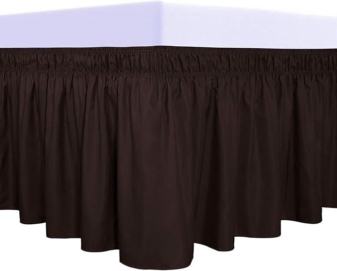 PureFit Wrap Around Ruffled Bed Skirt with Adjustable Elastic Belt - 18 Inch Drop Easy to Put On, Wrinkle Free Bedskirt Dust Ruffles, Bed Frame Cover for Queen, King and C-King Size Beds, Chocolate