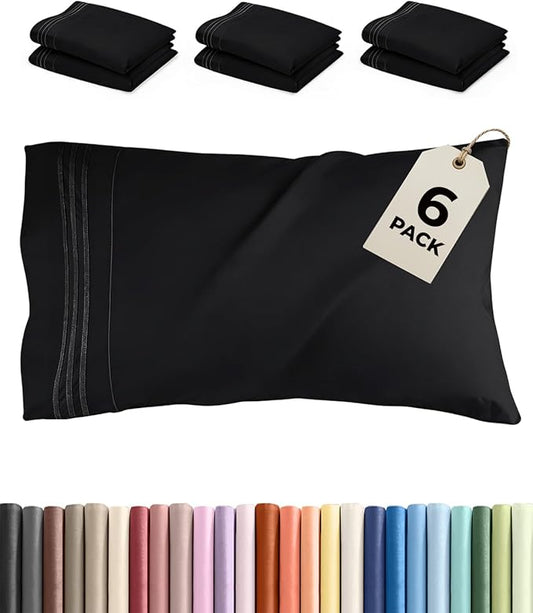 Queen Pillow Cases Set of 6 - Ultra Soft Hotel Quality Pillowcase Covers - Comfy & Wrinkle Free - Shrink, Stain and Fade Resistant - Easy-Care, Machine Washable Pillow Protectors - 6 Piece Set - Black