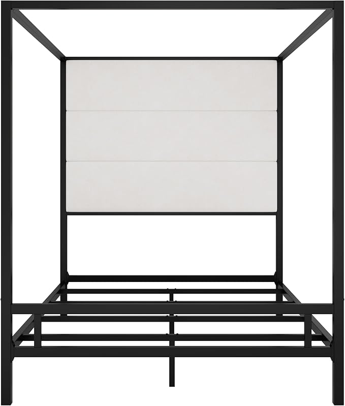 Merax Queen Size Modern Canopy Bed Frame, with Tall Linen Fabric Upholstered Headboard Metal 4-Poster, Box Spring Needed, Black + White