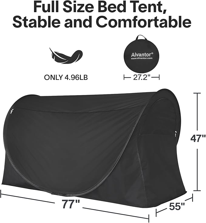 Alvantor® Pop Up Bed Tent Full No Assembly, Full Size Bed Canopy Blackout and Breathable Mesh Sleeping Tent Lightweight Portable Dream Tent with Carry Bag Dream Tent for Kids and Adults- Black