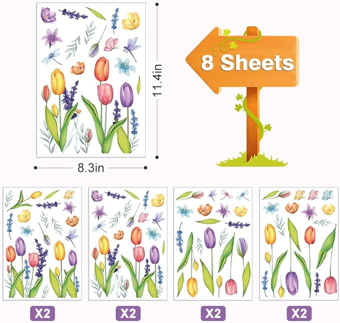 AKEROCK Spring Window Clings, Colorful Flower Static Window Stickers for Spring Decor, Decorations for Home