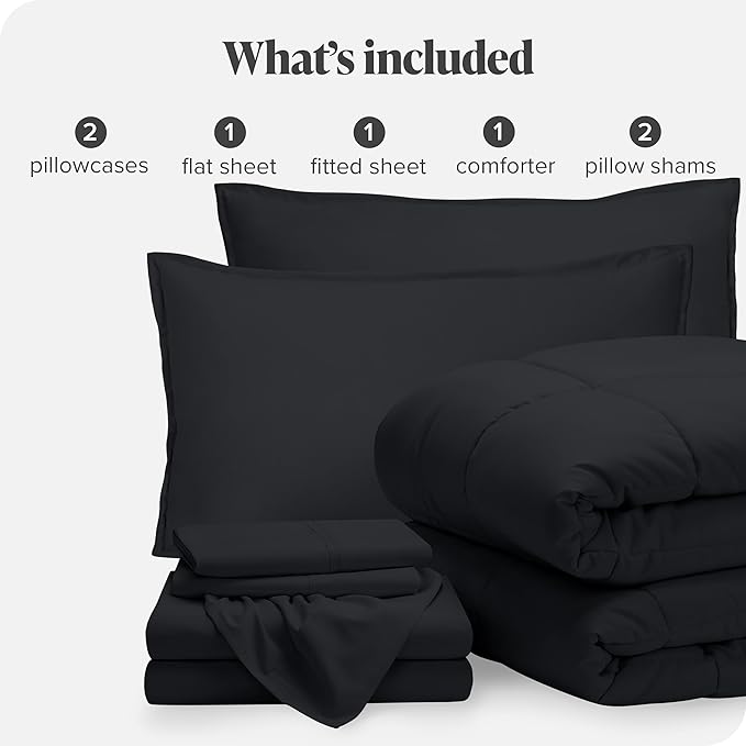 Bare Home Bed-in-A-Bag 7 Piece Comforter & Sheet Set - King - Goose Down Alternative - Ultra-Soft 1800 Premium - Bed Set (King, Black/Black)