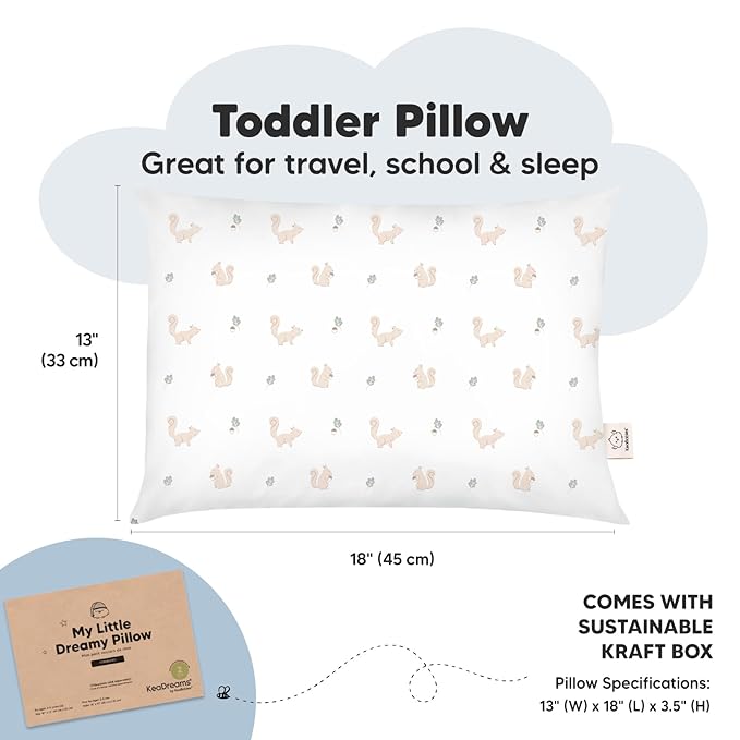 KeaBabies 2-Pack Toddler Pillows 2 Year Old to 5-13x18 Soft Organic Cotton Kids Pillow for Sleeping, Travel, School, Daycare, Nap, Toddler Bed, Machine Washable, Without Pillowcase (Nibbles/Bruce)