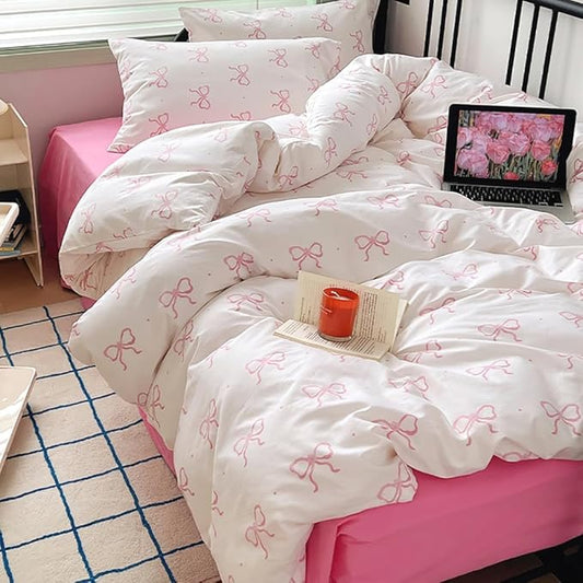 Nayoroom Pink Bow Duvet Cover Full Size Polka Dot Bowknot Coquette Duvet Cover 3 Pieces Soft Lightweight Microfiber Girls Cute Aesthetic Dorm Bedding Set