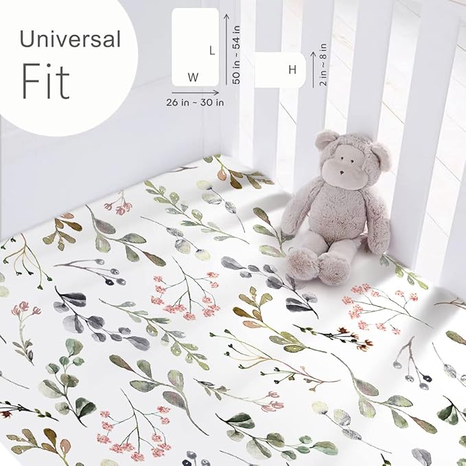 GRSSDER Stretchy Ultra Soft Jersey Knit Fitted Crib Sheets Set 2 Pack, Cozy Crib Sheet Fits All Standard Crib Mattress Pads, Stylish Watercolor Rose and Flora