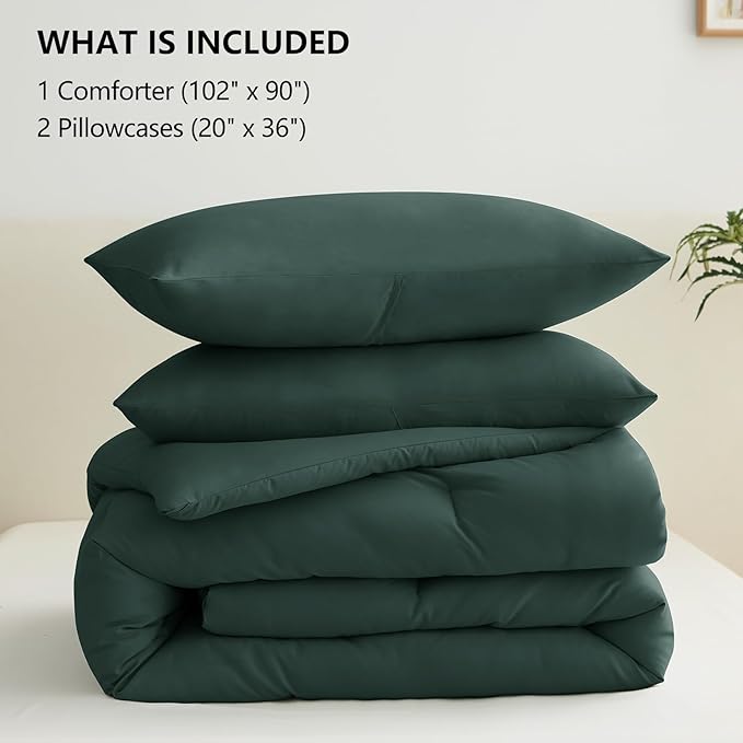 CozyLux King Size Comforter Set Forest Green, 3 Pieces Solid Breathable Quilted Style Bedding Sets, Luxury Soft Bed Set with Down Alternative Comforter for All Season (1 Comforter & 2 Pillowcases)