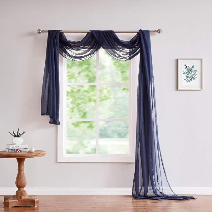 Long Length 56" (W) x 216" (L) Navy Blue Sheer Window Scarf. Voile Window Treatments are Perfect As Valance Scarves, Canopy Bed Scarf Or Wedding Decoration. AMA 56" x 216" Navy