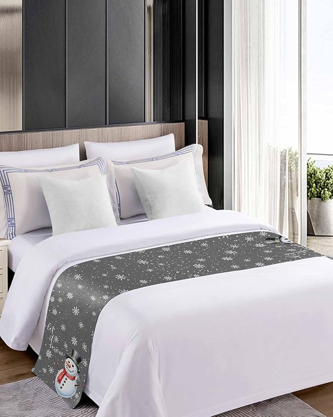 Christmas Snowman Winter Snowflakes Bed Runners for Bedroom Hotel,Decorative Bedding Scarf Gray White Bed End Blanket Bedding Runner Scarves for King Size Bed,102x20in