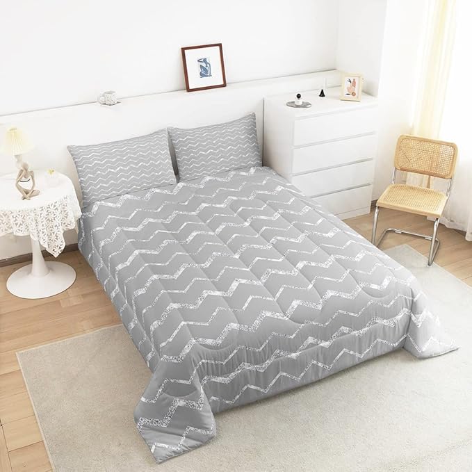 Feelyou Grey Comforter Set Full Size for Teen Girls Boys Women, Gray and Silver Bedding Set, 3 Piece Lightweight Microfiber Reversible Comforter (1 Comforter + 2 Pillow Shams)