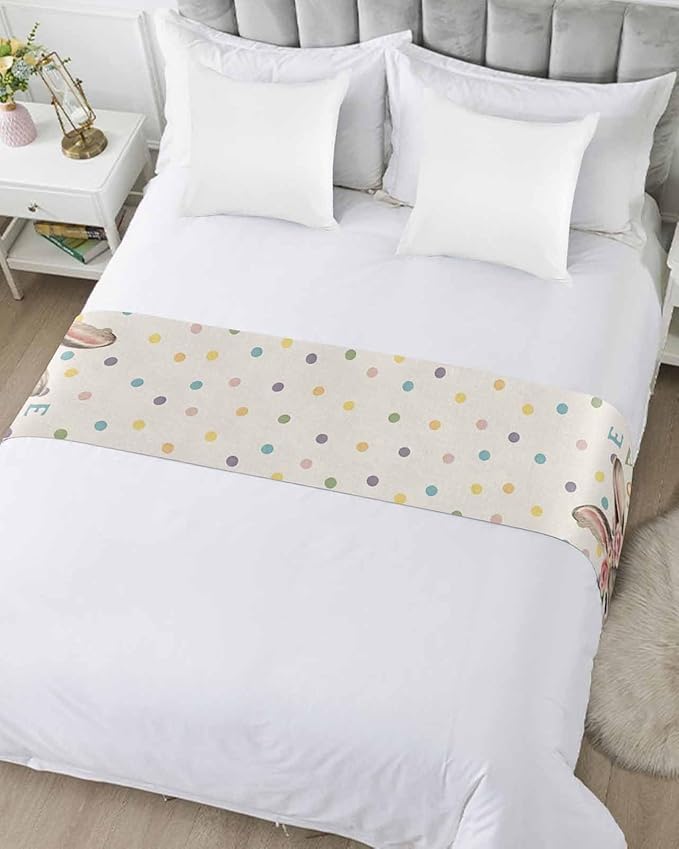 Spring Easter Farm Rabbit Flower Bed Runners for Bedroom Hotel,Decorative Bedding Scarf Colorful Quote Dot on Linen Bed End Blanket Bedding Runner Scarves for Queen Size Bed,94x20in