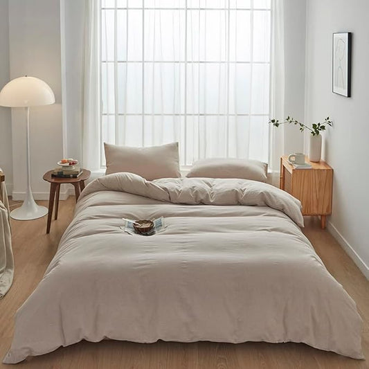 FACE TWO FACE Bedding Duvet Cover Set100% Washed Cotton Duvet Cover Linen Like Textured Breathable Durable Soft Comfy (Full, Tannish Linen Grey)