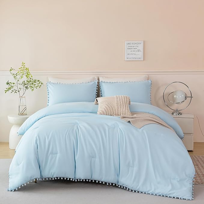 PERFEMET 5 Pieces Light Blue Queen Bed in A Bag Pom Pom Boho Bedding Set for Girls Soft Fluffy Solid Bedding Comforter Set with Sheets(Light Blue, Queen)