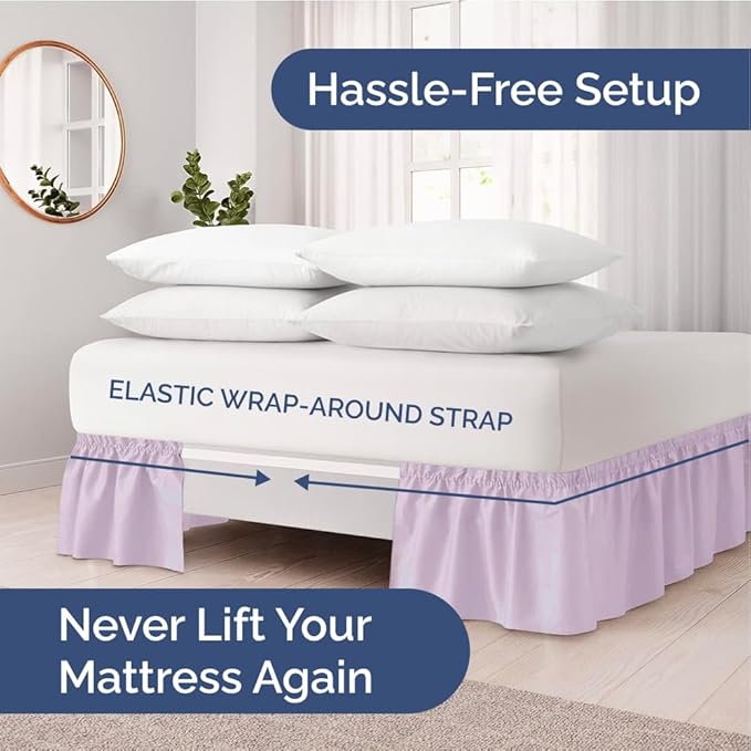 Wrap Around Dust Ruffle Bed Skirt - Light Lavender - for King Size Beds w/ 15 Inch Drop - Easy Fit Elastic Strap - Adjustable Pleated Bedskirt w/Brushed Fabric Wrinkle Free, Women, Men, Kids & Teens