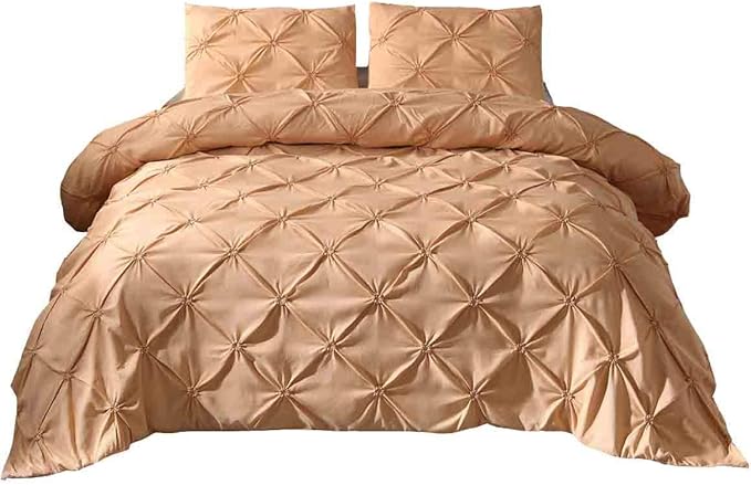 Feelyou Pinch Pleated Bedding Set Pintuck Comforter Cover Twin Size with Zipper Closure Luxurious Pintuck Tufted Duvet Cover Solid Champagne Microfiber Bedspread Cover with 1 Pillow Shams Soft
