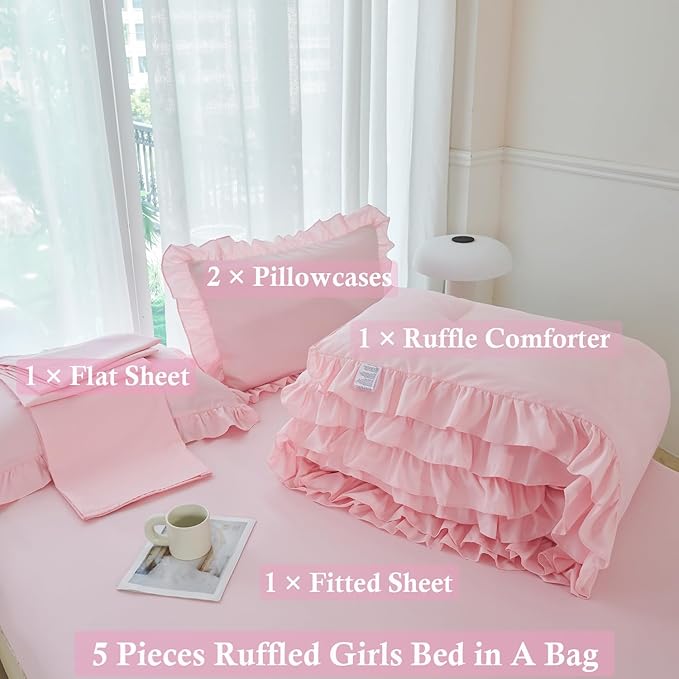 ANGIYUIN Pink Girls Comforter Sets Full Size 5 Pieces Shabby Chic Ruffle Kids Bed in A Bag with Sheets Farmhouse Soft Fluffy Bedding Comforter Sets with Pillowcases(Pink Full)