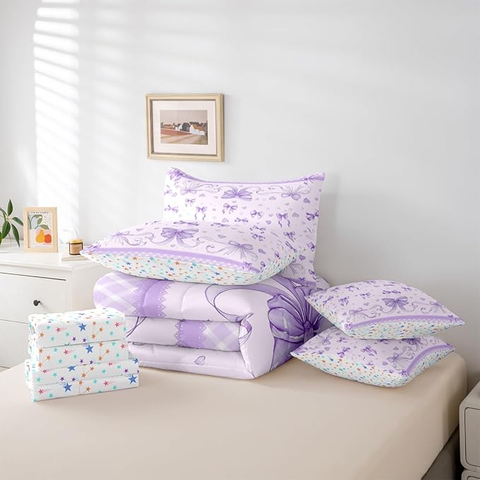 Feelyou Bowknot Comforter Set with Sheets 7 Piece Twin Size Dreamy Princess Bedding Set for Kids Boys Girls Cute Bow Bed in a Bag Love Hearts Room Decor Soft Lightweight Microfiber