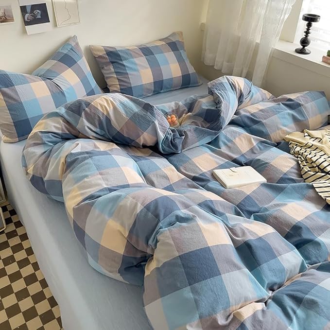 LifeTB Blue Plaid Duvet Cover Set Queen Soft 100% Washed Cotton Buffalo Grid Comforter Cover 3 Pieces Gingham Duvet Cover with Zipper Closure Modern Plaid Bedding Set Queen with Blue Grey Beige Grid