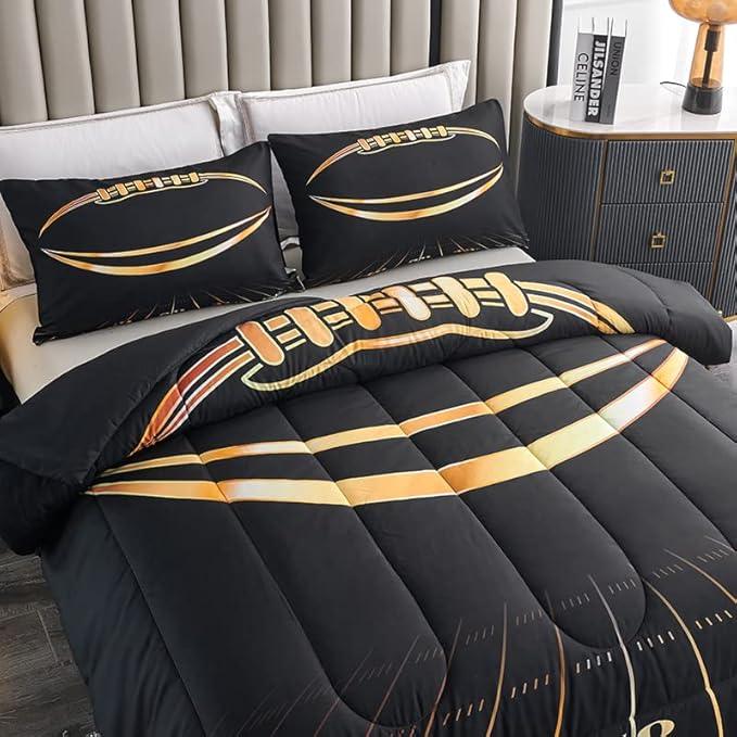Kids Football Bedding Set - Full Comforter with Pillowcases, Black and Gold, 100% Microfiber, 3 Piece Set, Boys and Girls