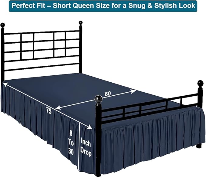 Shreem Linen Ruffled Bed Skirt with Split Corners, Gathered Style, 100% Microfiber, 8-Inch Drop, Dust Ruffle Bedskirt with Platform, Short Queen, Navy Blue