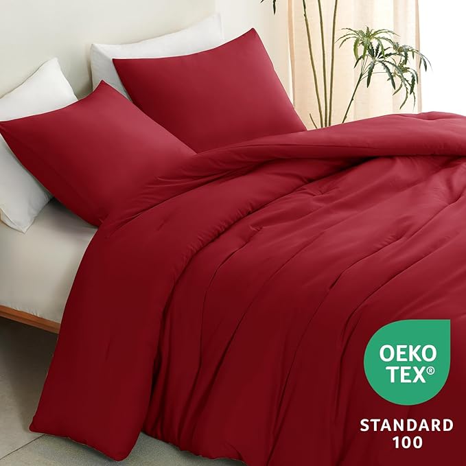 CozyLux Queen Comforter Set Dark Red, 3 Pieces Solid Queen Comforter Breathable Quilted Style Bedding Sets, Luxury Soft Bed Set with Down Alternative Comforter All Season (1 Comforter & 2 Pillowcases)