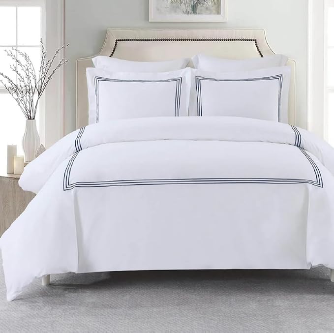 Royal Hotel Bedding Embroidered Adeline 3 Piece Comforter Set with Pillow Shams and Down Alternative Comforter (Duvet Insert) Duvet Cover Set, 100% Cotton Percale, Twin/Twin XL, White and Navy