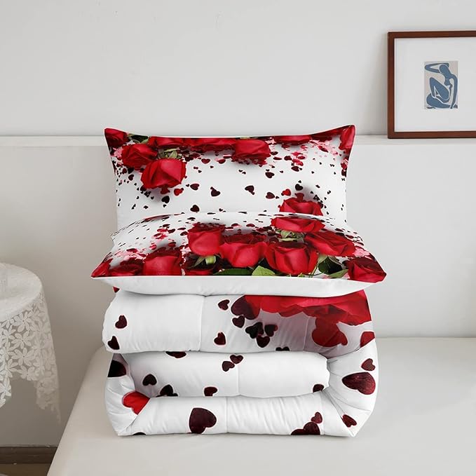 Feelyou Rose Comforter Red Rose Petals Bedding Set Floral Bouquet Botanical Design Comforter Set Romantic Flowers Microfiber Duvet Set Valentine's Day Couple Lover Room Decor Quilt Set Full Size
