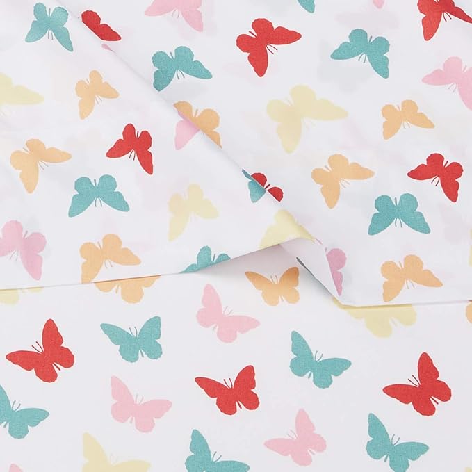 Amazon Basics Kid's Soft Easy-Wash Microfiber 3-Piece Sheet Set,Twin,Multi-Color Butterflies,Butterfly Friends,Printed,(Pack of 4)