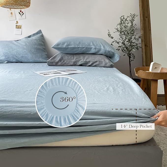 Simple&Opulence Washed Linen Bed Sheet Set Basic Style 4 Pieces (1 Flat Sheet & 1 Fitted Sheet & 2 Pillowcases) 100% Natural French Flax Soft Breathable Farmhouse Bedding (Queen, Duaty Blue)