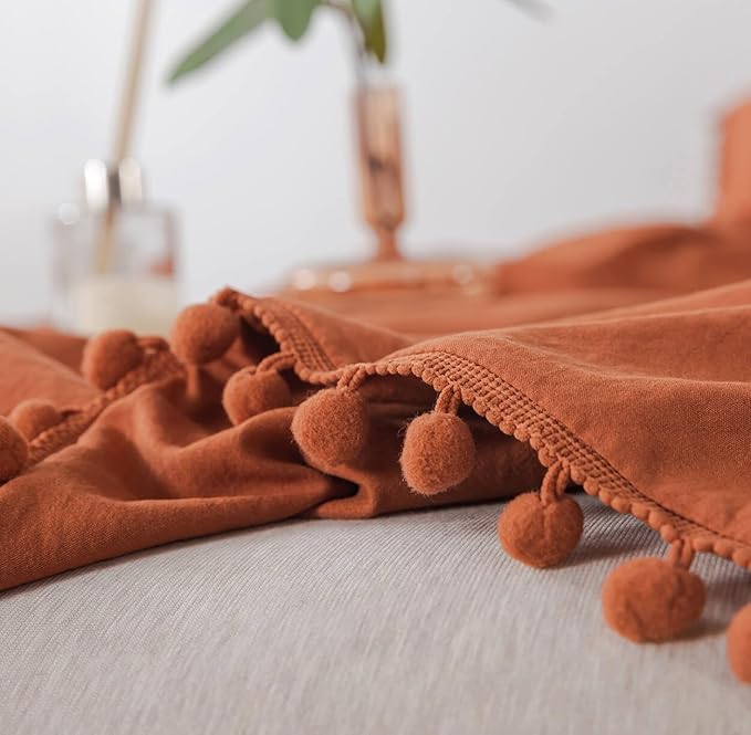 TanNicoor Pom Fringe Duvet Cover Set - 3 Piece Natural Ultra SOFE Color Washed Microfiber Bedding Set, Modern Style Down Comforter Quilt Cover with Zipper Closure(Full, Terracotta)