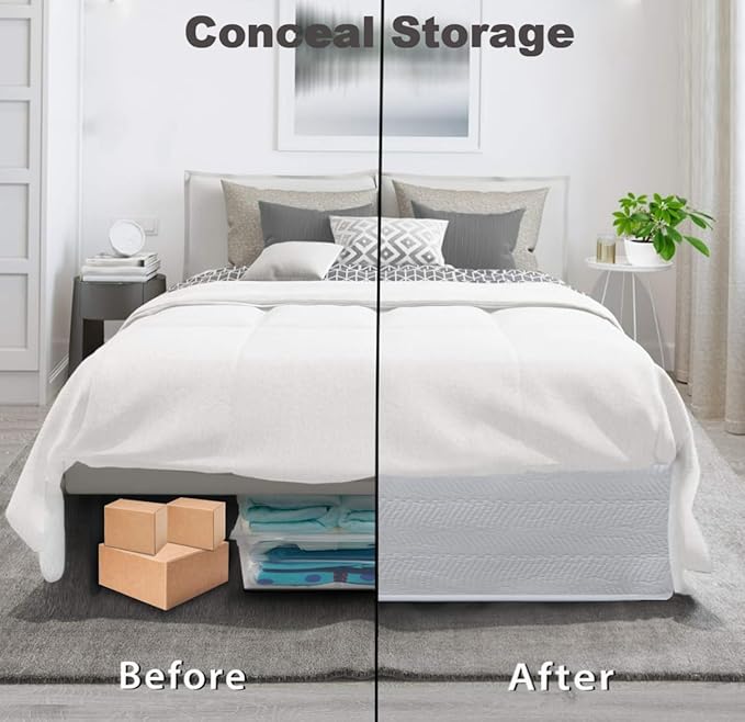 Queen Bed Skirt-Box Spring Cover with 14 Inch Tailored Drop,Wrinkle and Fade Resistant Hotel Wrap Around Bed Skirts,Bed Frame Cover (Wave Pattern White, Queen)