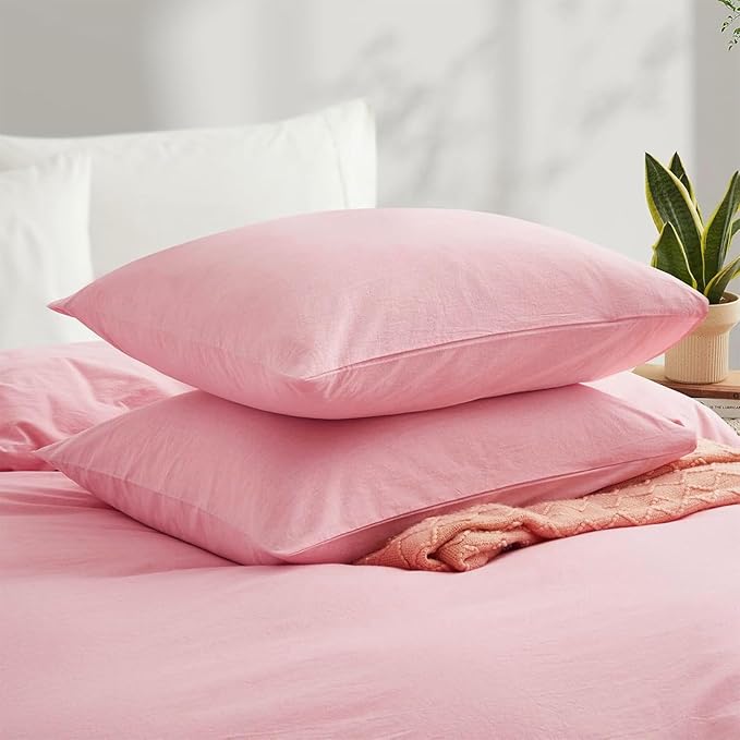 LOVQUE Pink Duvet Cover Full Size, 100% Washed Cotton Linen Like Bedding Set with Zipper Closure (No Comforter), 80x90 Inches