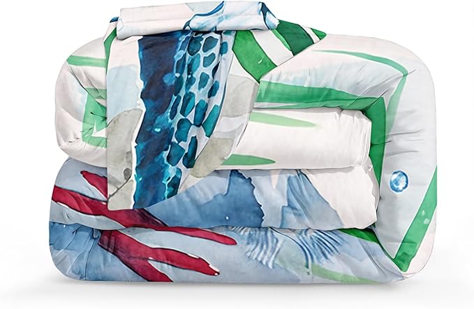 Bedbay Turtle Comforter Set Queen Size Ocean Theme Bedding for Boys Teen Girls Sea Turtle Coral Coastal Bedding Set Soft Cozy Lightweight Quilt 4-Piece 1 Comforter 2 Pillowcases 1 Cushion Cover