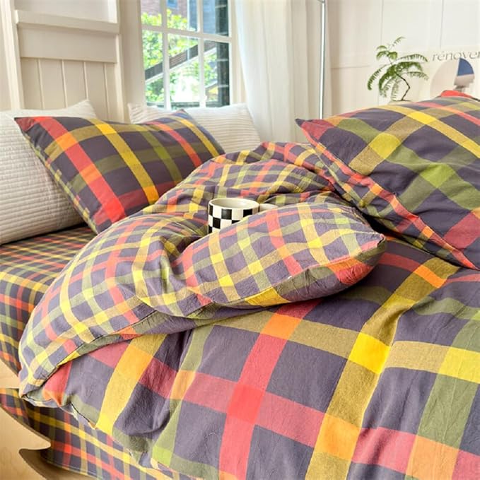 Multicolor Plaid Queen Size Comforter Set Modern Style Checkered Pattern Comforter Buffalo Grid Plaid Gingham Bedding Comforter Set for All Seasons Farmhouse Grid Bed Comforter with 2 Pillowcases