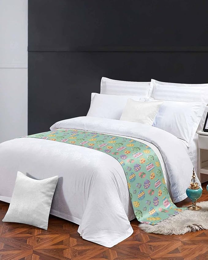 Happy Easter Eggs Bed Runners for Bedroom Hotel,Decorative Bedding Scarf Seamless Colorful Egg on Green Bed End Blanket Bedding Runner Scarves for Twin Size Beds,71x20in