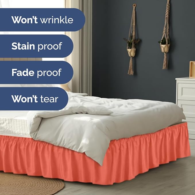 Wrap Around Dust Ruffle Bed Skirt - Coral - for Full Size Beds with 21 Inch Drop - Easy Fit Elastic Strap - Adjustable Pleated Bedskirt w/Brushed Fabric - Wrinkle Free - for Women, Men, Kids & Teens