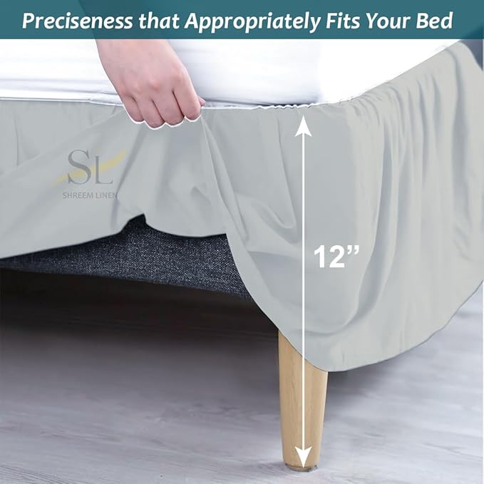 Shreem Linen Ruffled Bed Skirt with Split Corners, Gathered Style, 100% Microfiber, 12-Inch Drop, Dust Ruffle Bedskirt with Platform, King, Light Grey