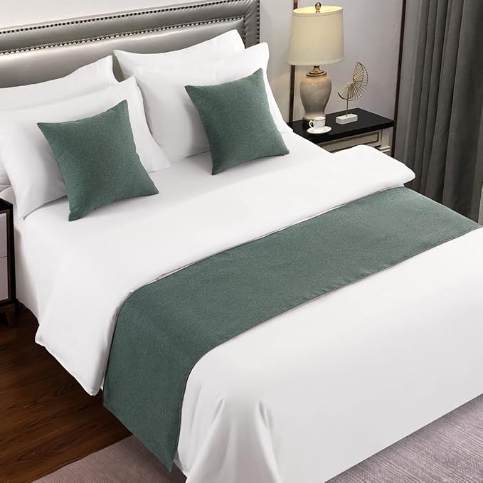 AMBERIS Bed Runner Blue-Green, Imitation Linen Decorative Bed Scarf for Home Hotel (Pillowcases Sold Separately)
