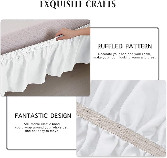 MEILA Wrap Around Bed Skirt Three Fabric Sides Elastic Dust Ruffled 14 Inch Tailored Drop,Easy to Install Fade Resistant-White, Queen/King