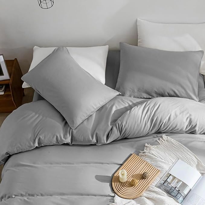 JELLYMONI Cotton Duvet Cover Twin Size - 100% Washed Cotton Linen Like Textured Comforter Cover, 2 Pieces Breathable Soft Bedding Set with Zipper Closure (Light Gray, Twin 68"x90")