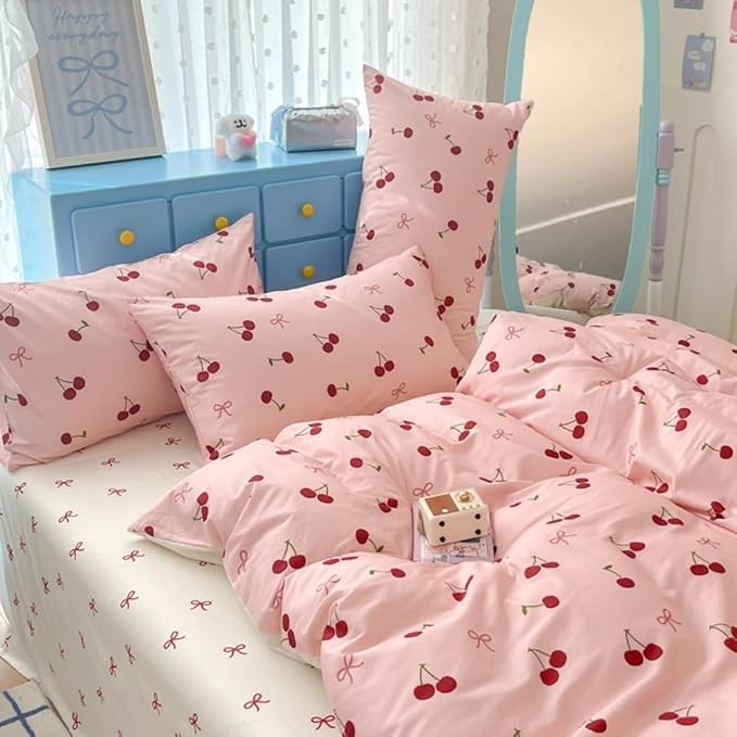 Nayoroom Duvet Cover Queen Size - Reversible Pink Bow Red Cherry Patterned Duvet Cover, 3 Pieces Soft Lightweight Microfiber Kids Girls Cute Aesthetic Dorm Bedding Set