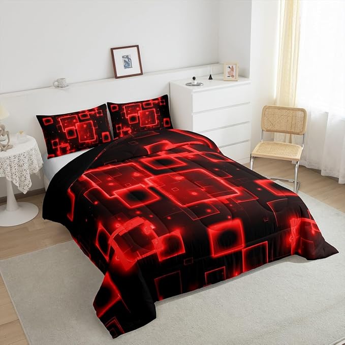 Feelyou Queen Size Red Black Bedding Set Light Honeycomb Comforter Set Abstract Geometric Comforter for Kids Boys Girls Geometrics Duvet Insert Kids Bedroom Decor 3Pcs
