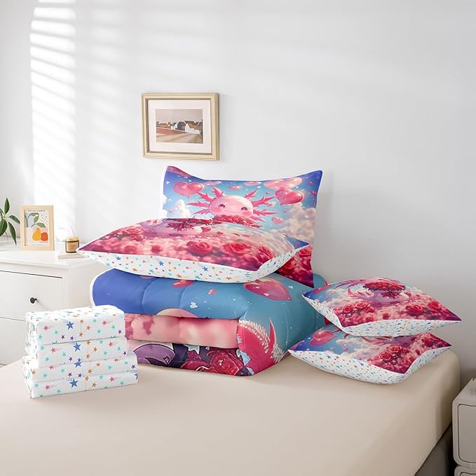 Feelyou Kids Cute Axolotl Comforter Set with Sheets King Size, Cartoon Animal 7 Pieces Bedding Set Boys Girls Kawaii Ocean Sealife Bed in A Bag Rose Teens Bed Set Bedroom Decor 7Pcs