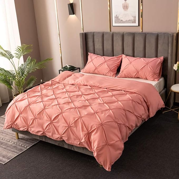 Feelyou Pinch Pleated Bedding Set Pintuck Comforter Cover Twin with Zipper Closure Luxurious Pintuck Tufted Duvet Cover for Kids Girls Solid Pink Microfiber Bedspread Cover with 1 Pillow Shams Cute